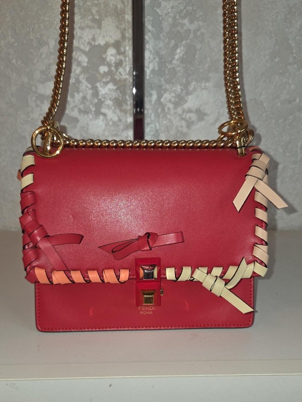 Fendi Red Leather Shoulder Bag with Pink & Cream Weave With COA